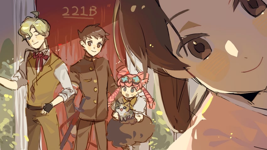 ryunosuke naruhodo, herlock sholmes, susato mikotoba, iris wilson, and wagahai (ace attorney and 1 more) drawn by xinjinjumin7559993