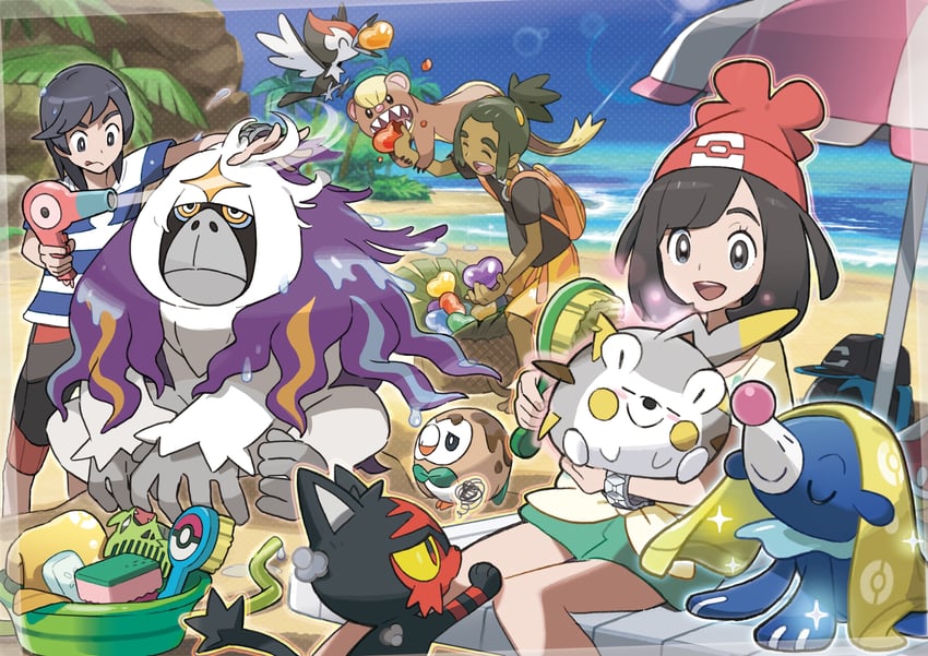 selene, rowlet, elio, popplio, hau, and 7 more (pokemon and 1 more) drawn by oomura_yuusuke