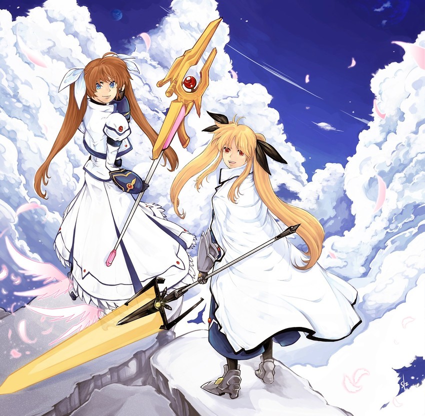 fate testarossa, takamachi nanoha, raising heart, and bardiche (lyrical nanoha and 1 more) drawn by siz_(emforhsqhf)