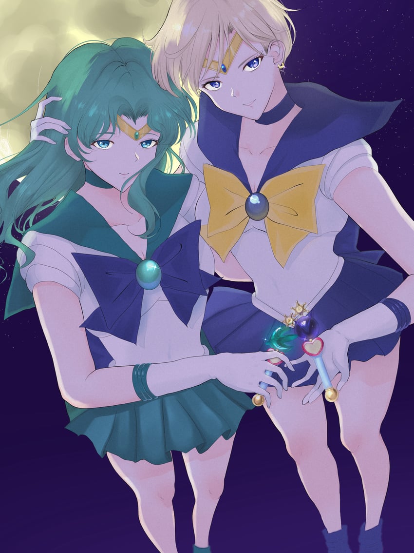 ten'ou haruka, kaiou michiru, sailor uranus, and sailor neptune (bishoujo senshi sailor moon) drawn by xiangrikui