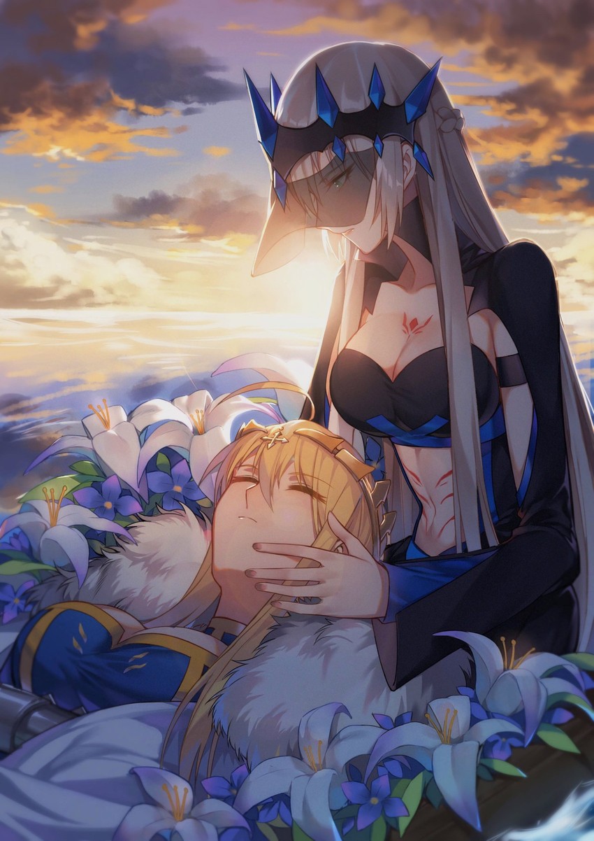 artoria pendragon, morgan le fay, and lion king (fate and 2 more) drawn by yorukun