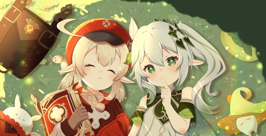 nahida, klee, dodoco, jumpy dumpty, and fungi (genshin impact) drawn by kogane_(user_cwzd4477)