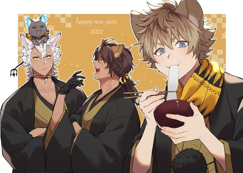 leona kingscholar, ruggie bucchi, jack howl, and grim (twisted wonderland) drawn by taufu_(gnb0102)
