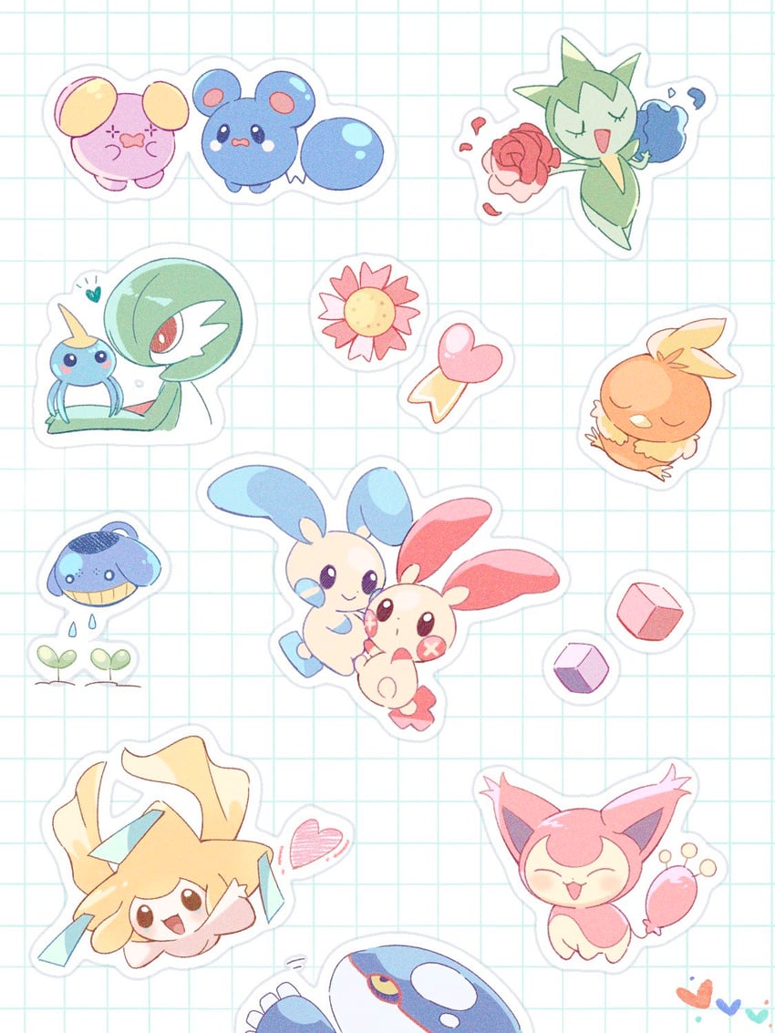 gardevoir, jirachi, torchic, kyogre, skitty, and 7 more (pokemon) drawn by appyon_(archangel_ayp)