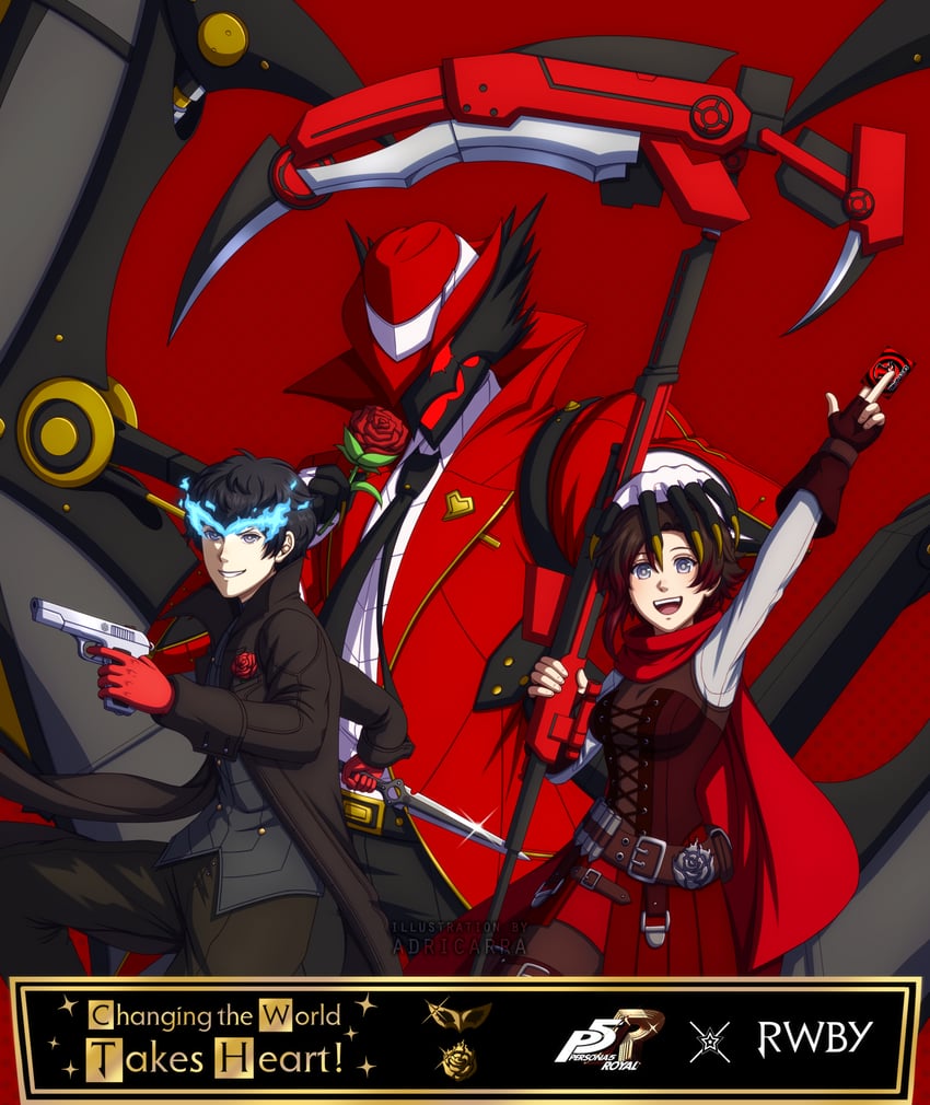 amamiya ren, ruby rose, joker, and raoul (persona and 3 more) drawn by adricarra