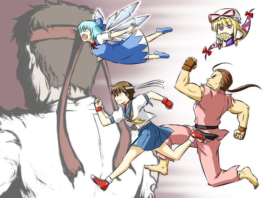 cirno, yakumo yukari, ryu, kasugano sakura, and hibiki dan (touhou and 2 more) drawn by kanno_takanori