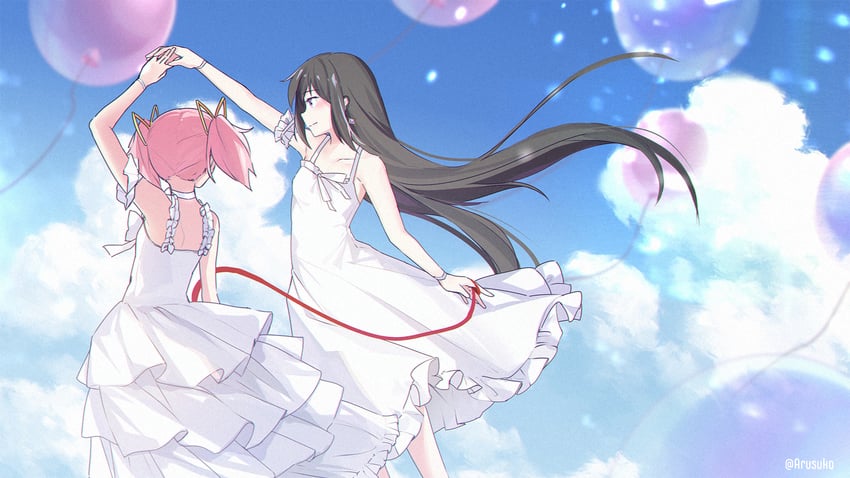 akemi homura and kaname madoka (mahou shoujo madoka magica) drawn by arusuko