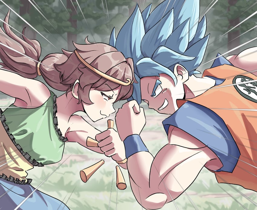 son goku and son biten (touhou and 2 more) drawn by praeto