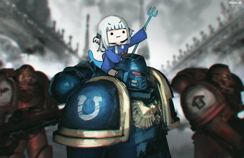 gawr gura, adeptus astartes, and smol gura (hololive and 2 more) drawn by advarcher