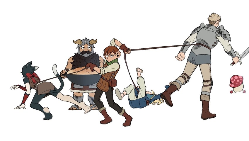 marcille donato, laios touden, senshi, chilchuck tims, izutsumi, and 2 more (dungeon meshi) drawn by mocatbj4