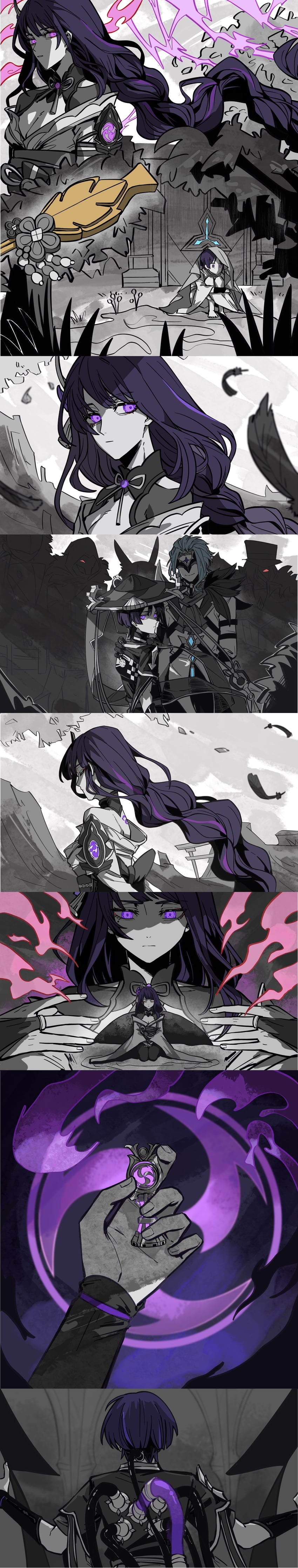 raiden shogun, scaramouche, and dottore (genshin impact) drawn by feixuzhanshitouwerundead
