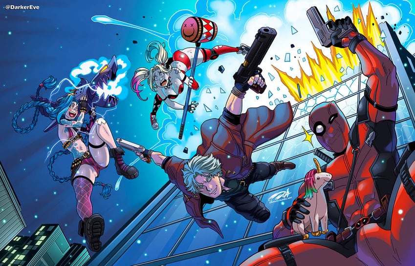 jinx, dante, deadpool, and harley quinn (league of legends and 3 more) drawn by darkereve