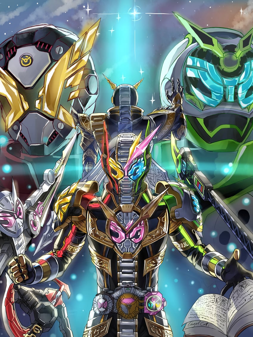 kamen rider zi-o, ohma zi-o, kamen rider geiz, kamen rider woz, and kamen rider zi-o trinity (kamen rider and 1 more) drawn by feimao_(angelcat)