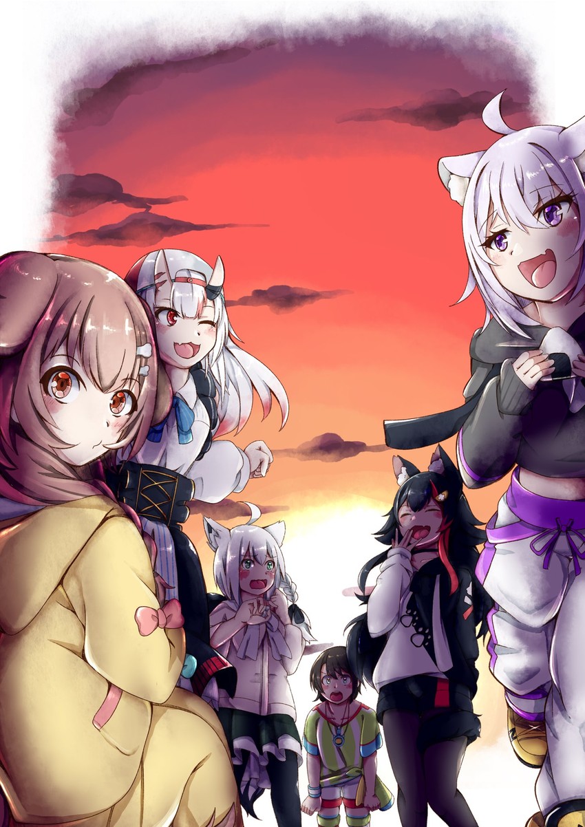 shirakami fubuki, nekomata okayu, ookami mio, oozora subaru, inugami korone, and 1 more (hololive) drawn by color_ecoo