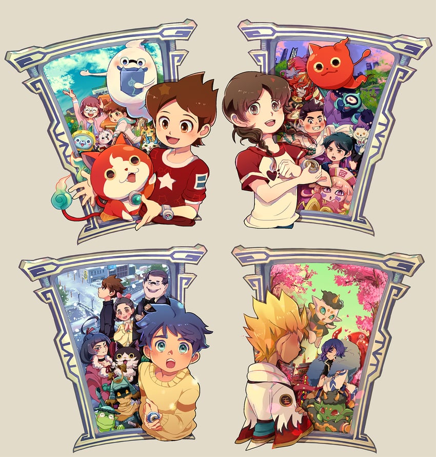 jibanyan, komasan, whisper, amano keita, kodama fumika, and 11 more (youkai watch and 3 more) drawn by fukumino85