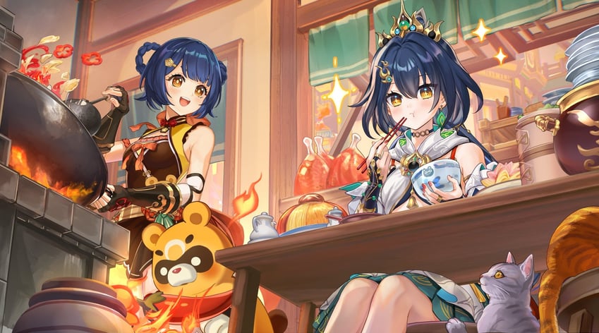 xiangling and yunli (genshin impact and 3 more) drawn by aratakosu_(tako's)