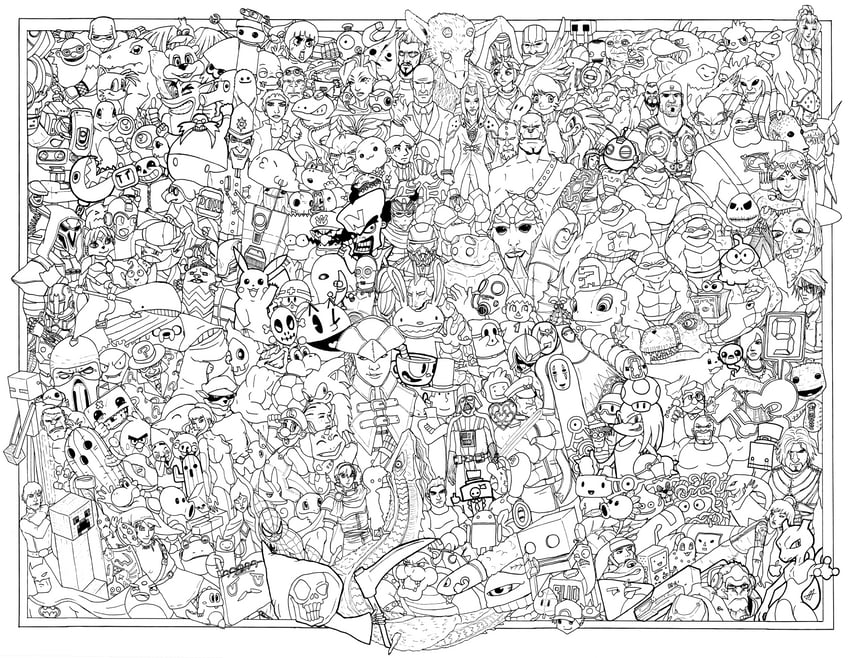 inkling player character, pikachu, samus aran, mario, sonic the hedgehog, and 218 more (pokemon and 135 more) drawn by austin_alander
