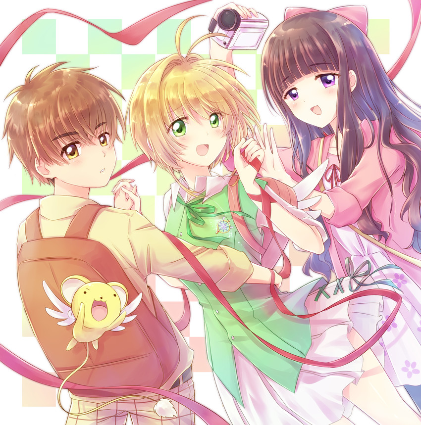 kinomoto sakura, kero, daidouji tomoyo, and li syaoran (cardcaptor sakura and 1 more) drawn by nyaa_(nnekoron)