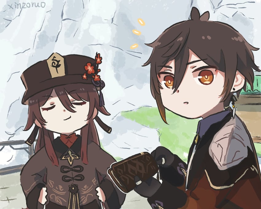 hu tao and zhongli (genshin impact) drawn by xinzoruo