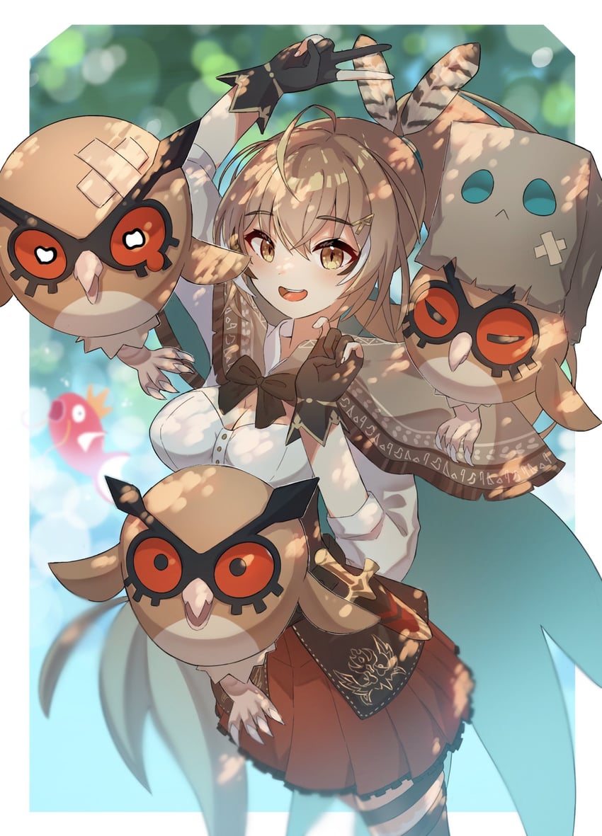 nanashi mumei, friend, magikarp, and hoothoot (pokemon and 2 more) drawn by taiyo_sketches