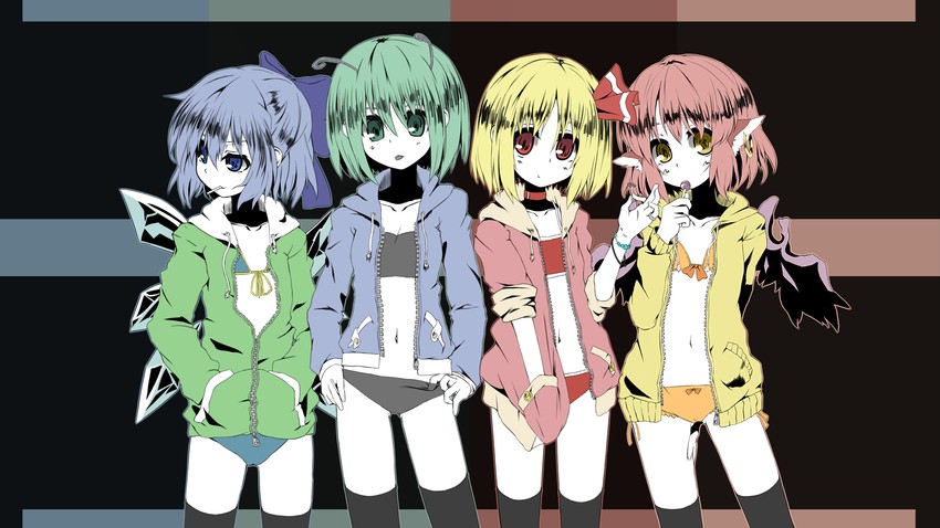 cirno, rumia, mystia lorelei, and wriggle nightbug (touhou) drawn by urimono