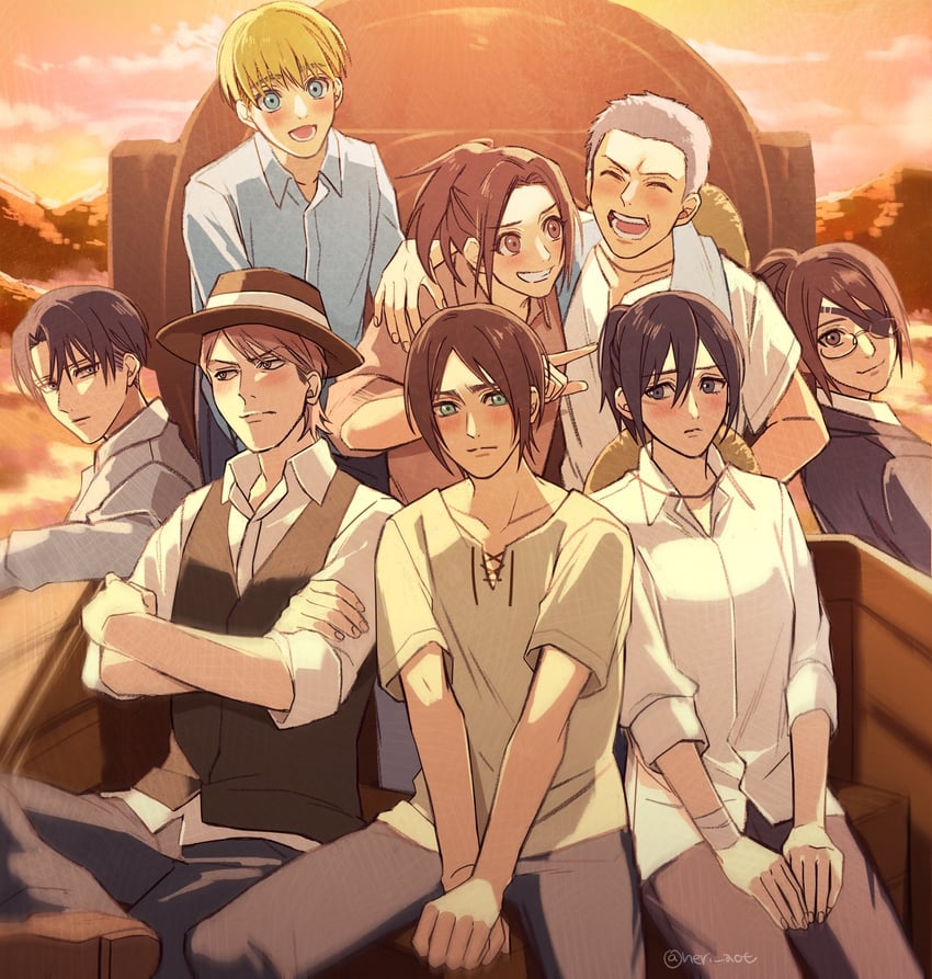 mikasa ackerman, eren yeager, levi, armin arlert, hange zoe, and 3 more (shingeki no kyojin) drawn by neri_aot