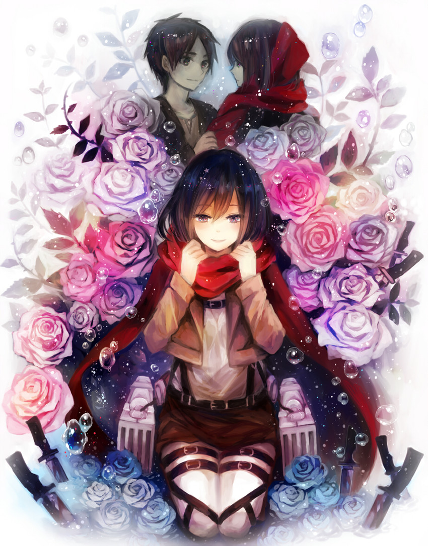 mikasa ackerman and eren yeager (shingeki no kyojin) drawn by mukimuki_mayuge