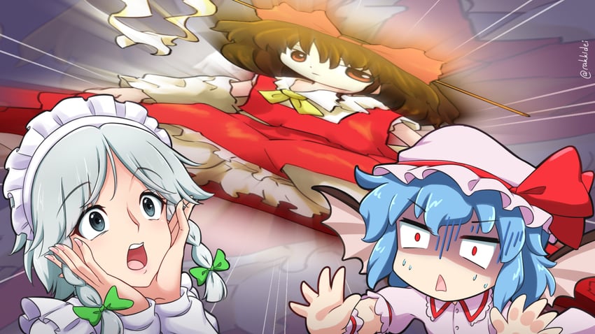 hakurei reimu, remilia scarlet, and izayoi sakuya (touhou and 1 more) drawn by rakkidei