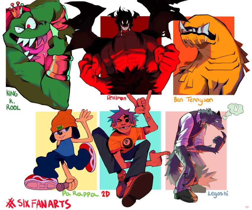 ben tennyson, king k. rool, legoshi, devilman, haru, and 3 more (donkey kong and 6 more) drawn by megadinkloid