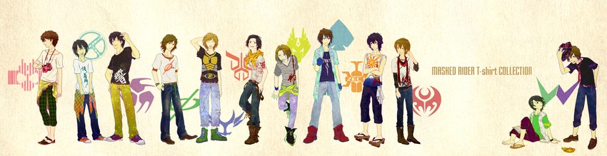 philip, hidari shoutarou, kadoya tsukasa, nogami ryoutarou, kido shinji, and 7 more (kamen rider and 11 more) drawn by hisaburo_(pppsubmajin)
