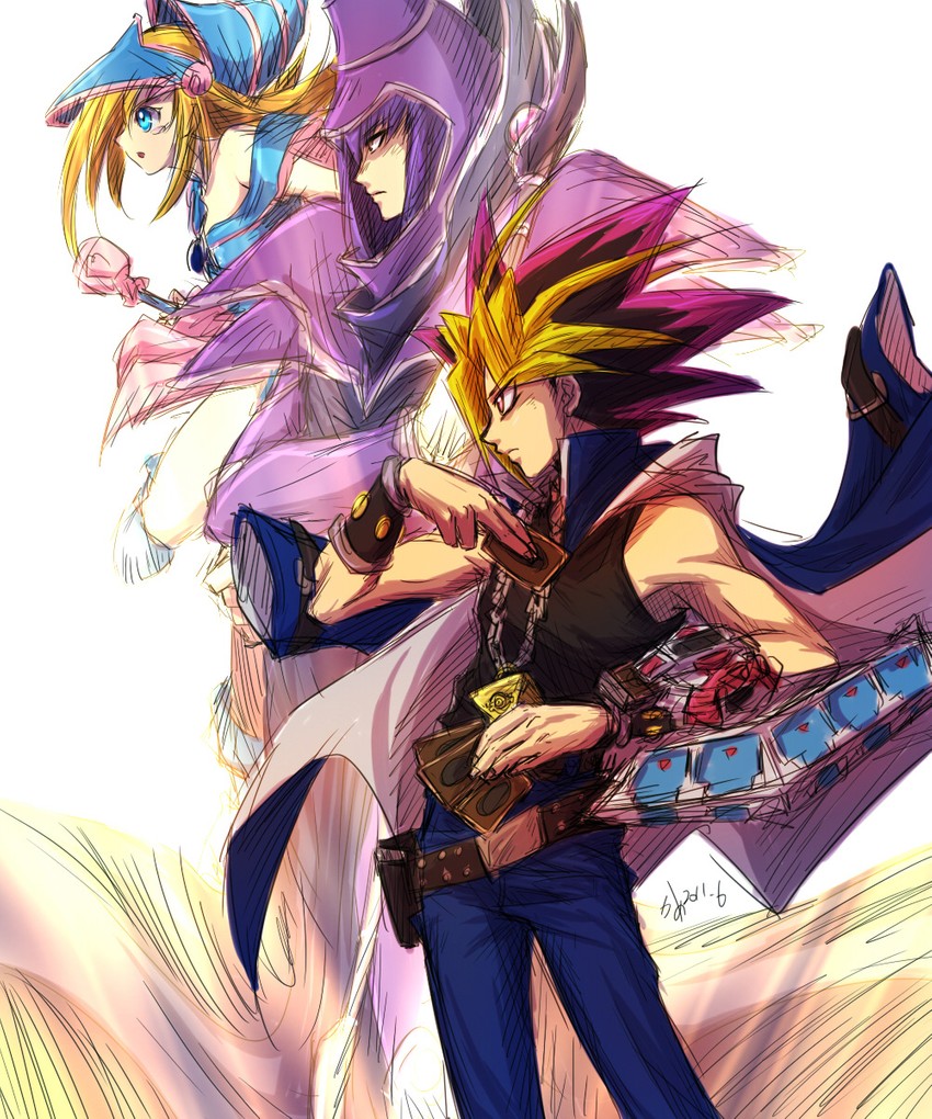 dark magician girl, muto yugi, yami yugi, and dark magician (yu-gi-oh! and 1 more) drawn by poo-kame