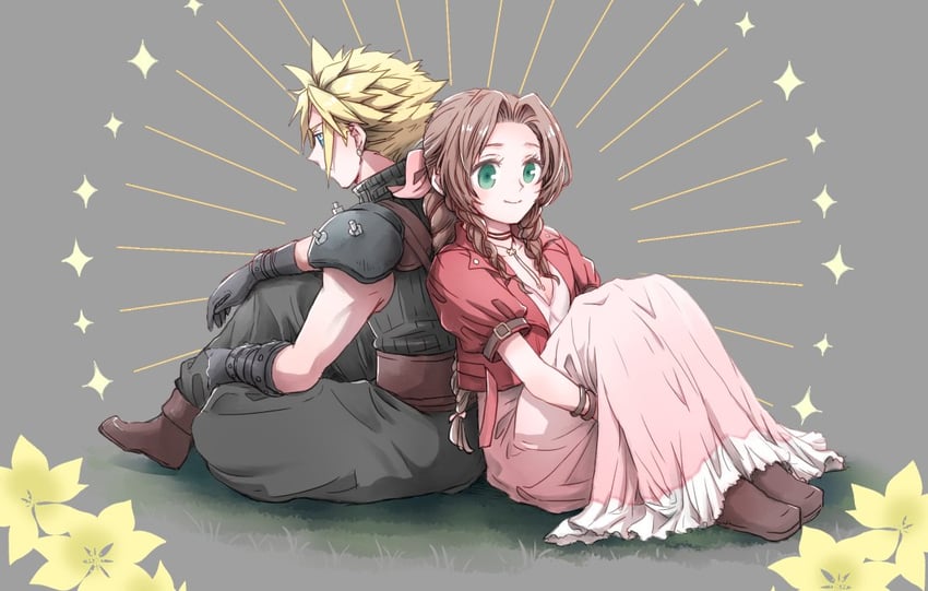 cloud strife and aerith gainsborough (final fantasy and 2 more) drawn by gamesuzume