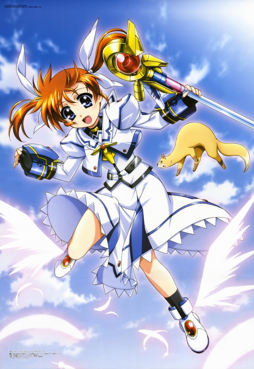 takamachi nanoha, raising heart, and yuuno scrya (lyrical nanoha and 3 more) drawn by okuda_yasuhiro