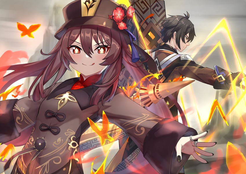 hu tao and zhongli (genshin impact) drawn by art_itou