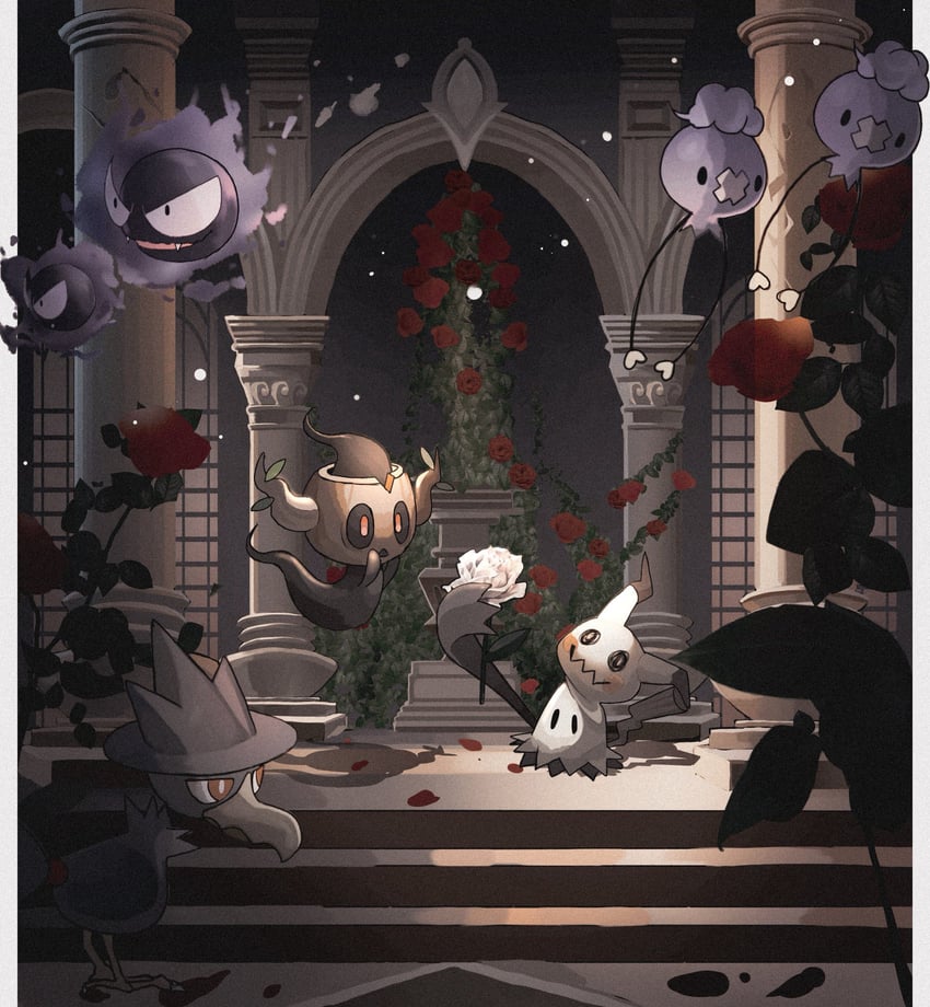 mimikyu, gastly, drifloon, murkrow, and phantump (pokemon) drawn by reo_(mmocc123)