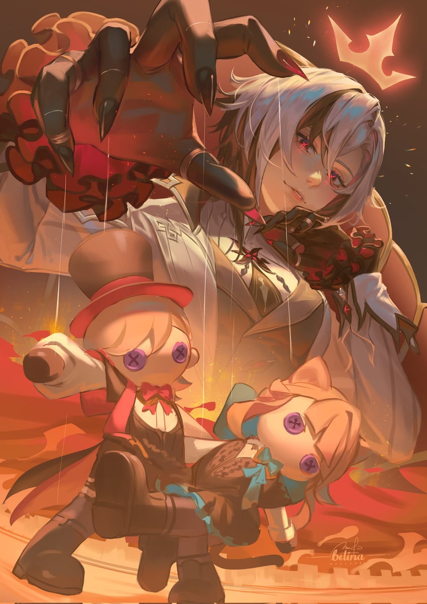 arlecchino, lynette, and lyney (genshin impact) drawn by betina_mascenon