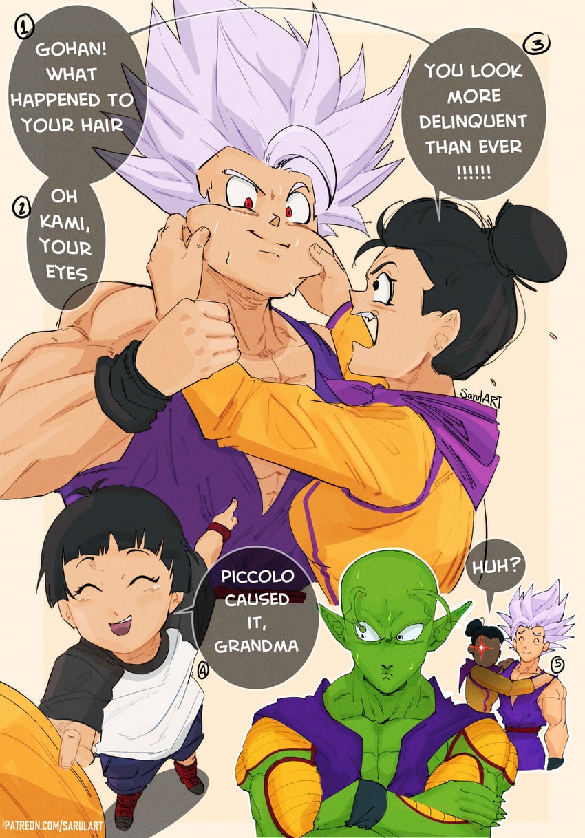 son gohan, chi-chi, pan, piccolo, and gohan beast (dragon ball and 2 more) drawn by sarulart