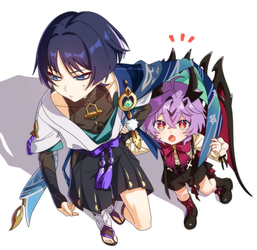 scaramouche, wanderer, and mini durin (genshin impact) drawn by hag_(hag_015)