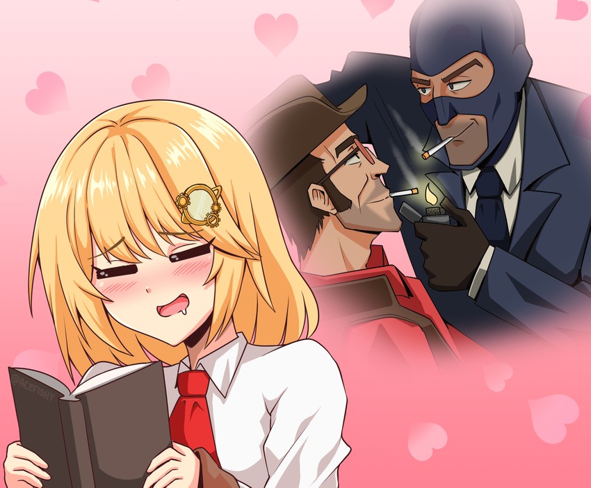 watson amelia, spy, sniper, red sniper, and blu spy (hololive and 2 more) drawn by acefish
