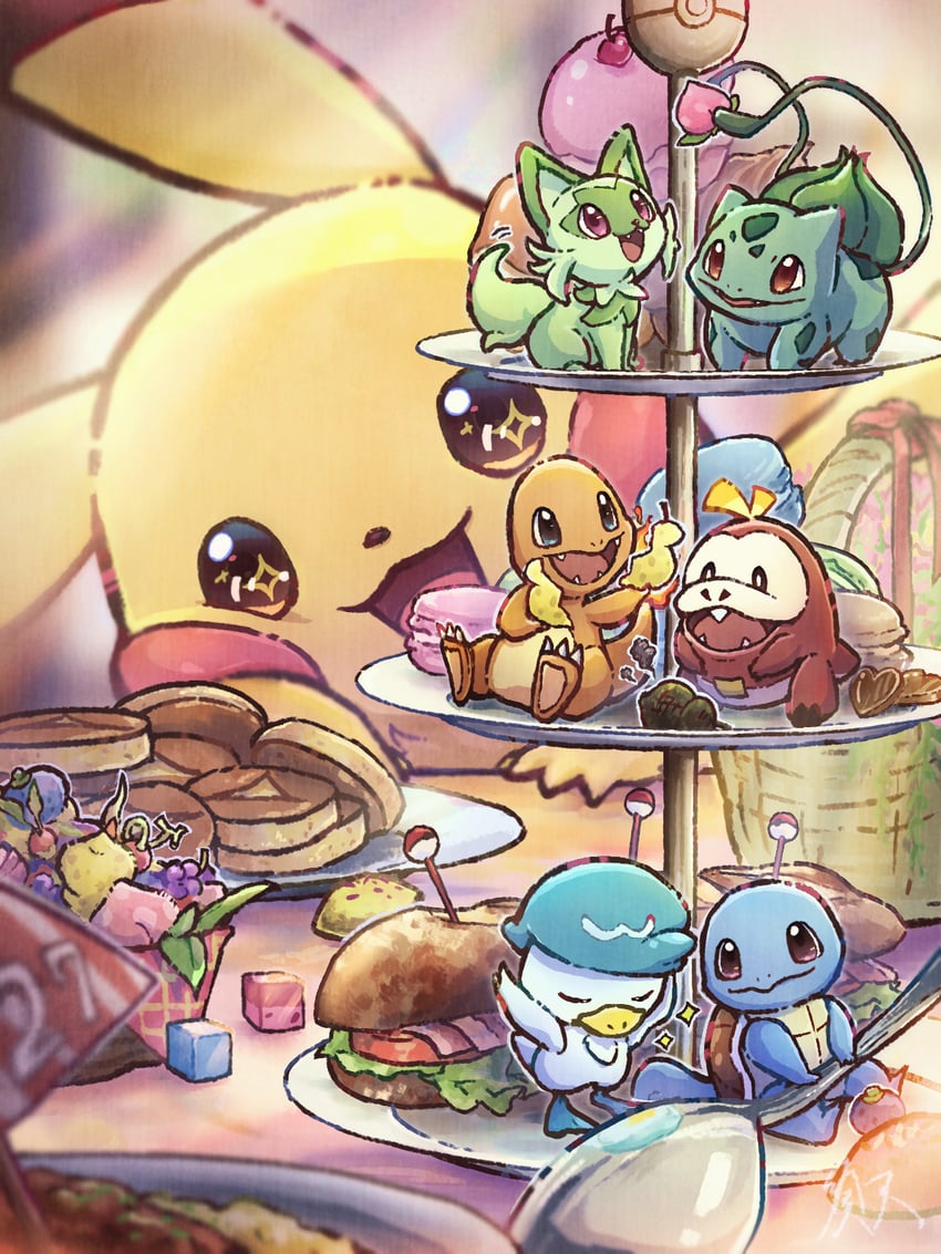 pikachu, bulbasaur, sprigatito, squirtle, charmander, and 2 more (pokemon) drawn by suama_(haruichi)