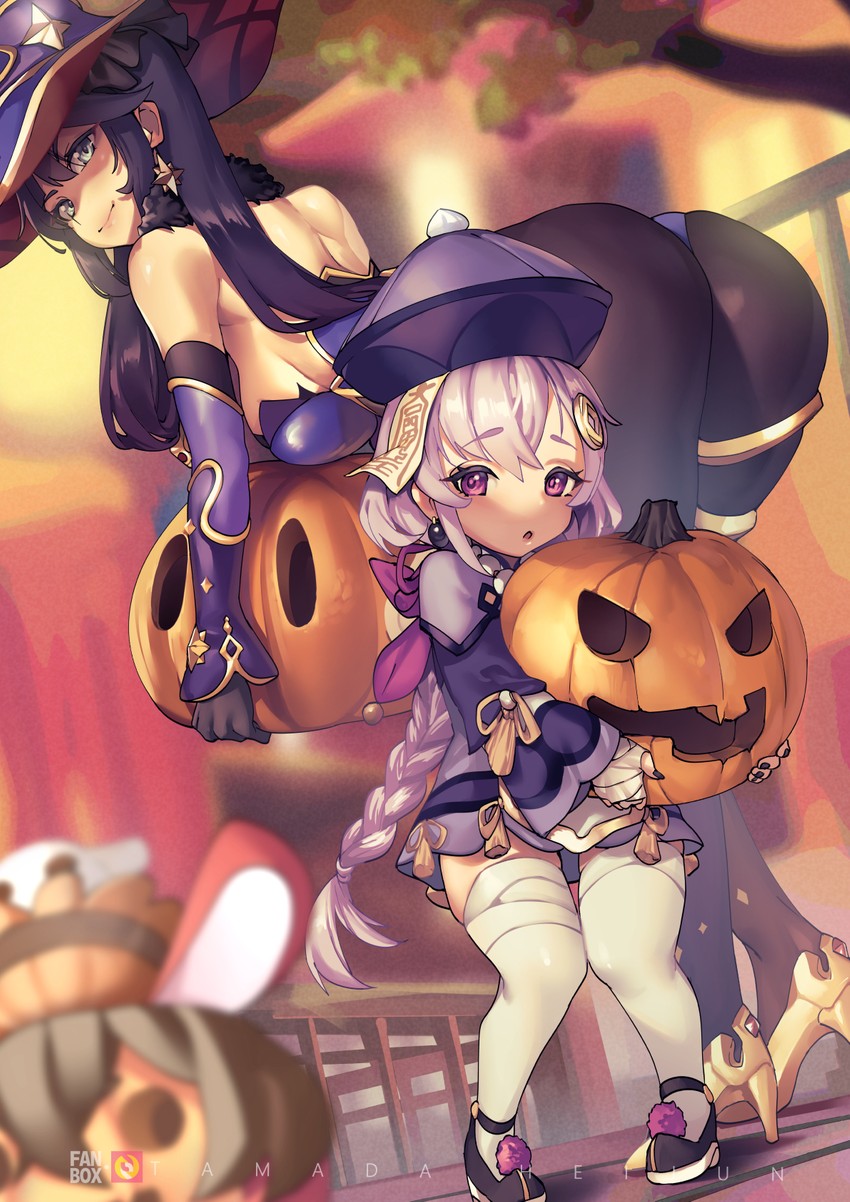 mona, qiqi, and baron bunny (genshin impact) drawn by tamada_heijun