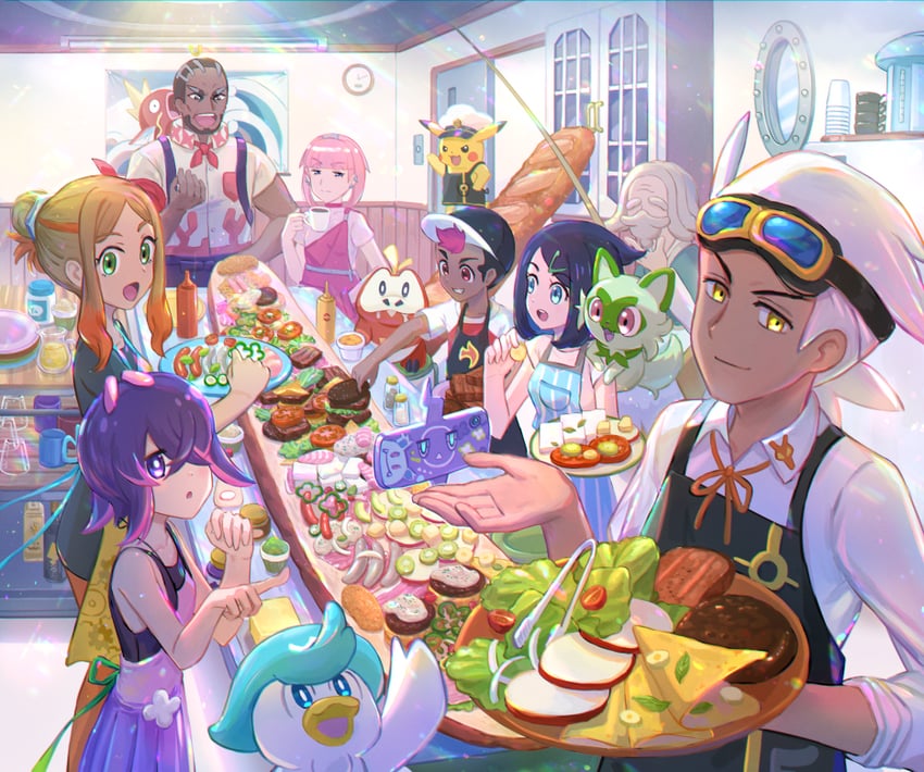 pikachu, rotom, rotom phone, sprigatito, liko, and 11 more (pokemon and 1 more) drawn by kutsunohito