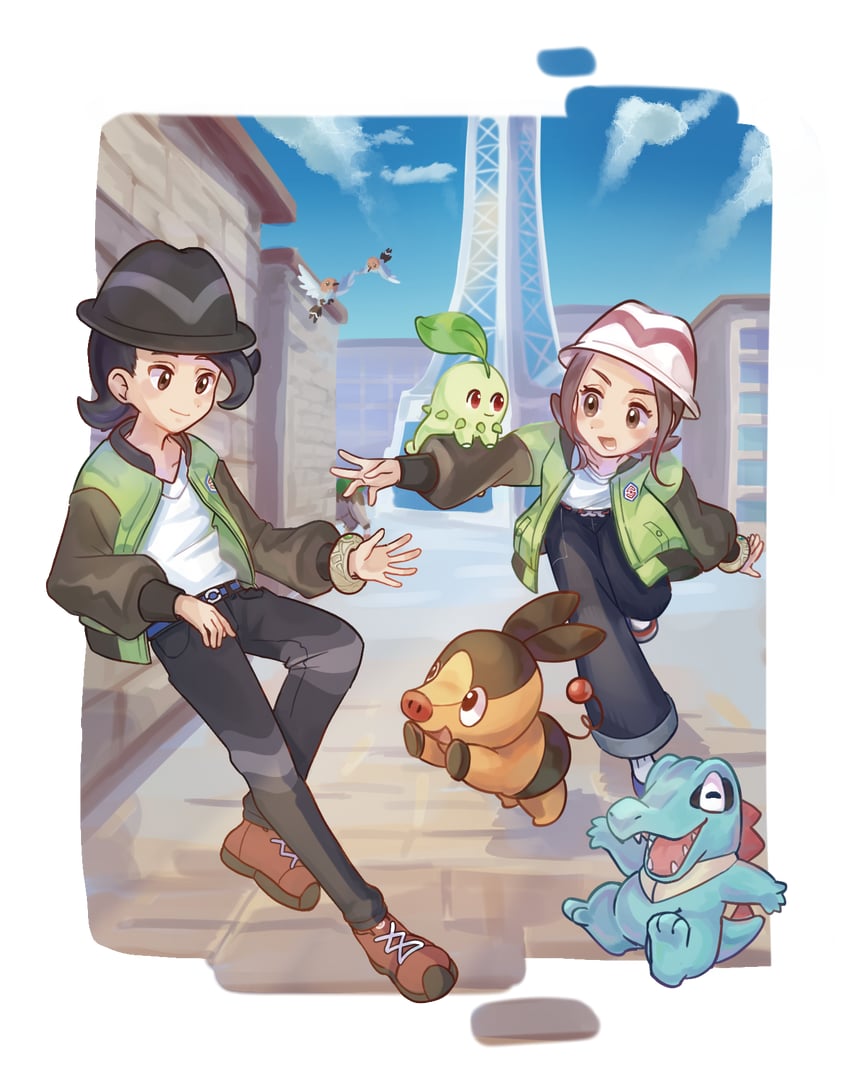 tepig, chikorita, totodile, fletchling, harmony, and 1 more (pokemon and 1 more) drawn by feko