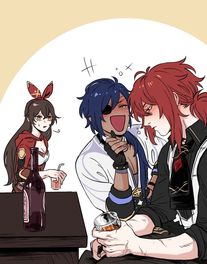 diluc, amber, and kaeya (genshin impact) drawn by gs_a_eliha