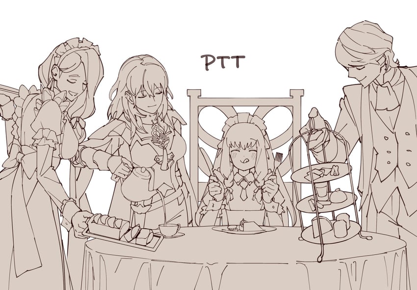 female byleth, lysithea von ordelia, mercedes von martritz, and ferdinand von aegir (fire emblem and 2 more) drawn by shishima_eichi