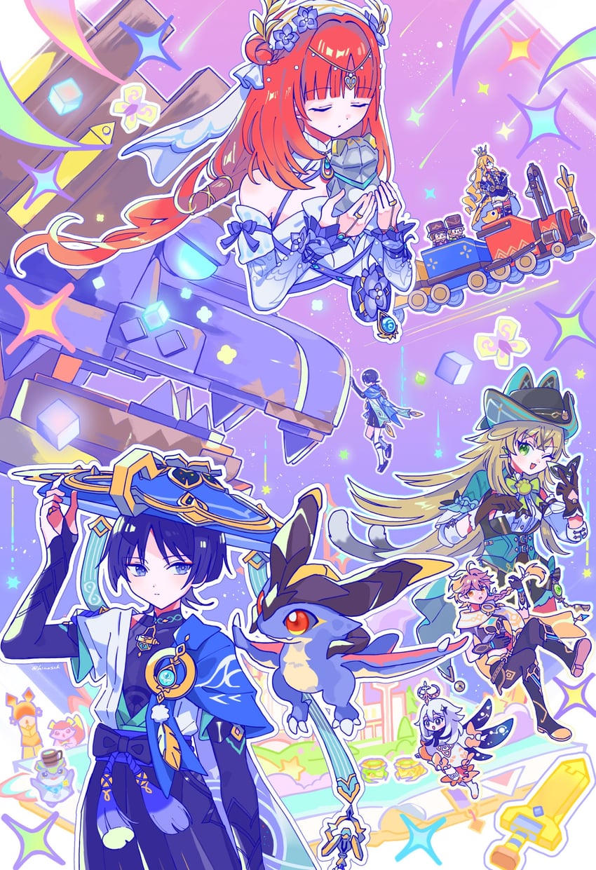 scaramouche, aether, wanderer, paimon, navia, and 3 more (genshin impact) drawn by hinaszk