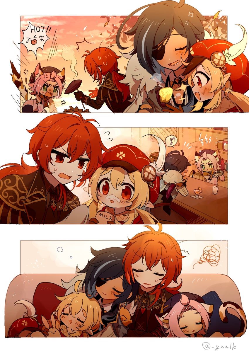 klee, diluc, kaeya, dodoco, and diona (genshin impact) drawn by yuuzatta