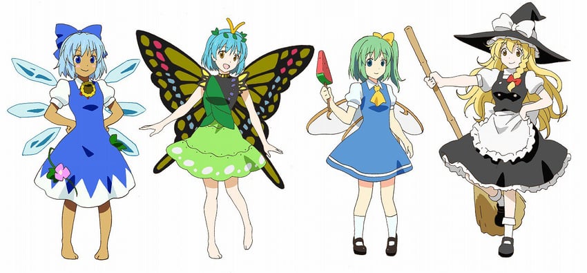 kirisame marisa, cirno, daiyousei, eternity larva, and tanned cirno (touhou) drawn by beluo77