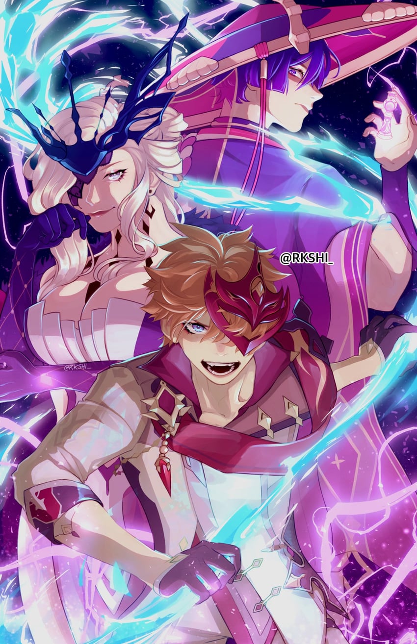 scaramouche, tartaglia, and signora (genshin impact) drawn by rkshi