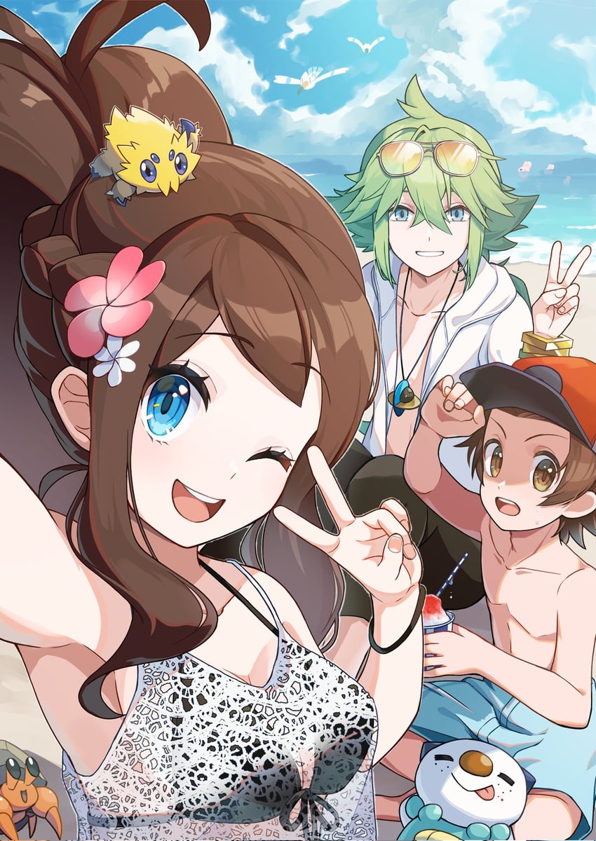 hilda, hilbert, n, oshawott, wingull, and 2 more (pokemon and 1 more) drawn by momo_maru_(mmmrchiru)
